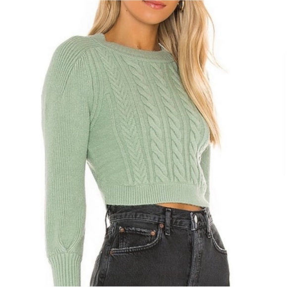 For Love & Lemons Sydney Sweater in Sage Green Size Small Cable Knit Cropped - Picture 8 of 8